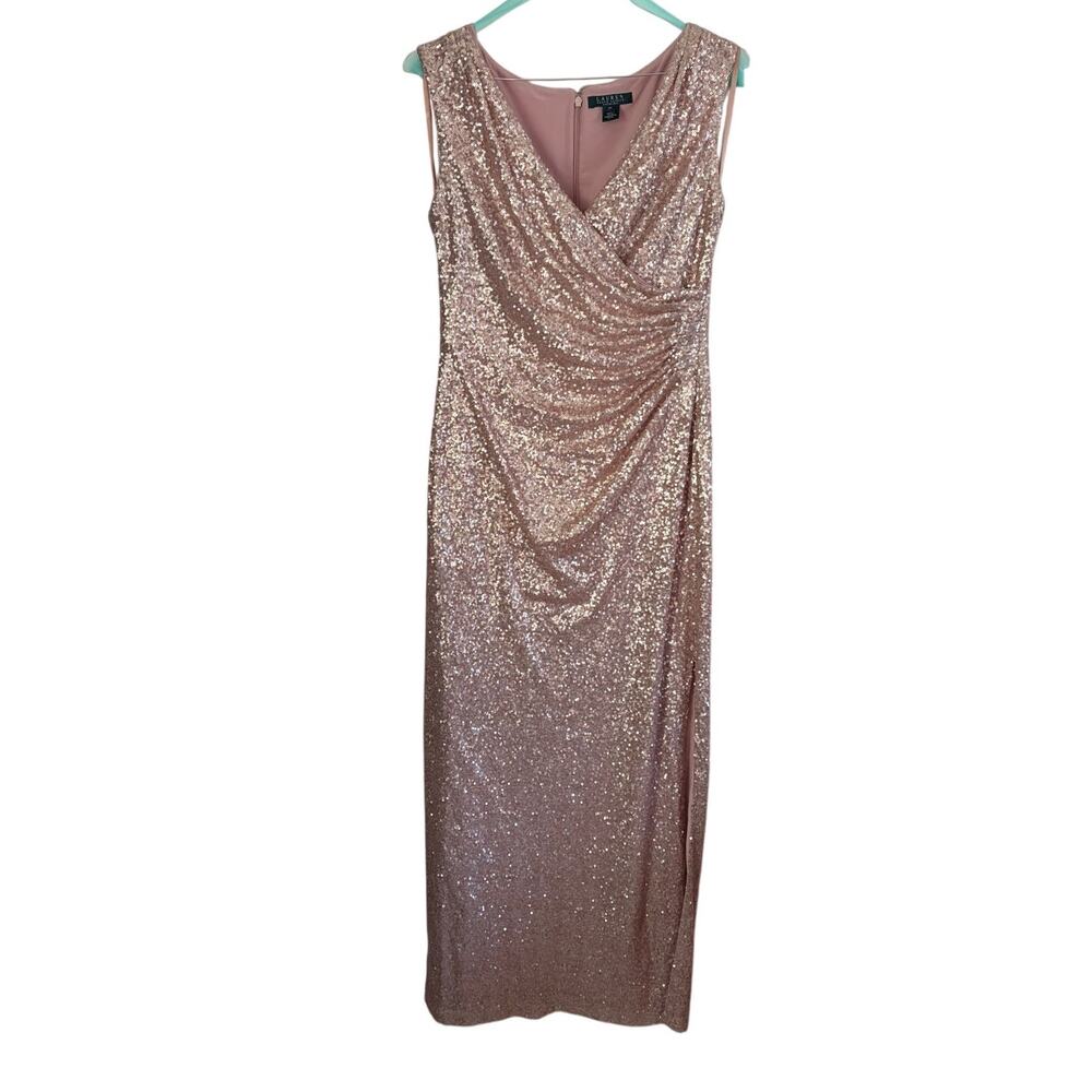 Ralph Lauren Evening Dress Rose Gold Sequin Gown Sleeveless Size 12P